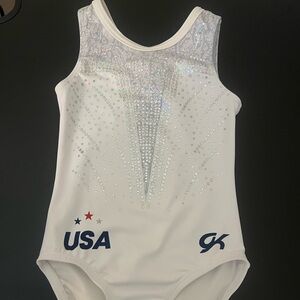 GK White USA Gymnastics Leotard with Silver Accents